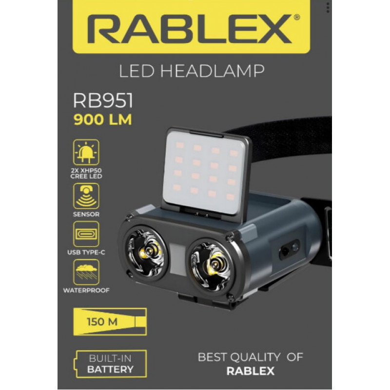 Налобный фонарь Rablex RB951, красный+белый свет, 2хXPL+16хCOB+1хRED COB, аккум, Type-C