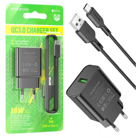 СЗУ Сетевое Зарядное Устройство BOROFONE BA72A Spring (QC3.0 18W) + Type-C