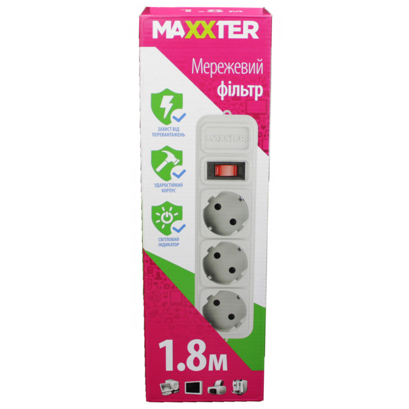 Сетевий фільтр Maxxter SPM3-G-6G 3 розетки, 1.8 метра