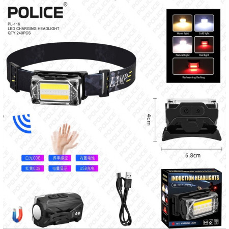 Налобный фонарь Police PL-116, белый+желтый+красный, сенсор, аккум, магнит, Type-C