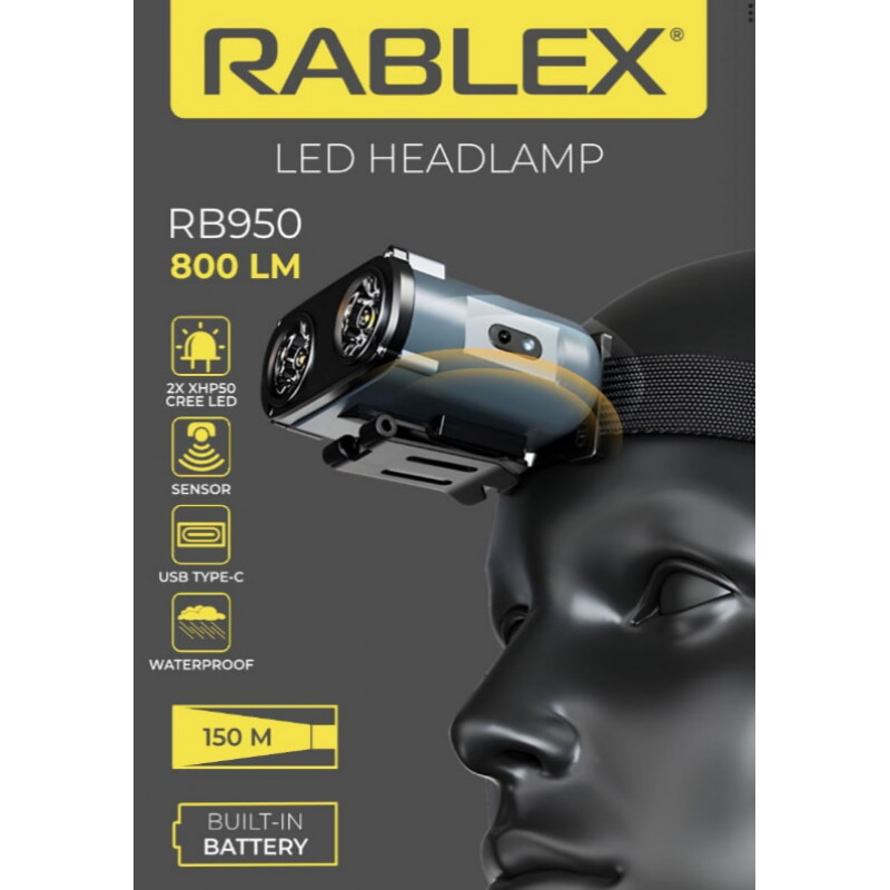 Налобный фонарь Rablex RB950, красный+белый свет, 2хXPL+16хCOB+1хRED COB, аккум, Type-C
