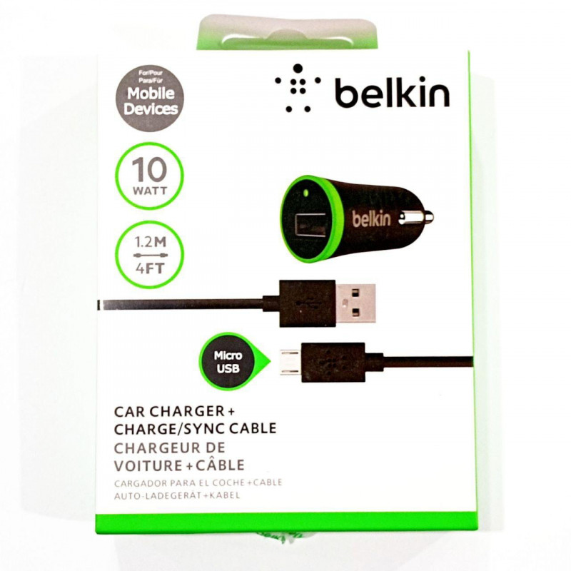 Автомобильное зарядное устройство USB x 1 belkin, 10 WATT, 1.2м кабель MicroUSB