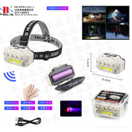 Налобный фонарь HX-817S-COB, Белый, Красный, Синий, Motion Sensor, Waterproof, 1x18650, ЗУ Type-C