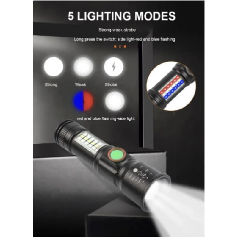 Ручной фонарь SY-1903C-P50+SMD+RGB, Li-Ion аккум. ЗУ USB, zoom