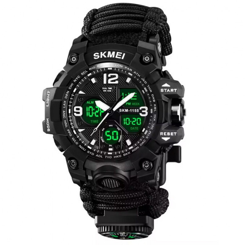 Годинники наручні SKMEI 1155BKBK, PARACORD, Чорний, Компас, термометр, свисток, кресало, 10459
