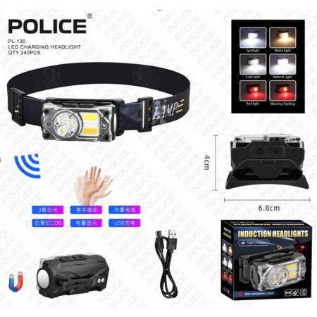 Налобный фонарь Police PL-130, белый+желтый+красный, сенсор, аккум, магнит, Type-C