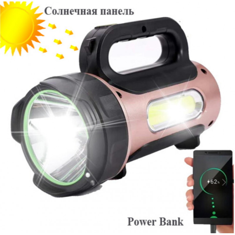 Ручной фонарь T93-LED+COB, Белый, Красный, powerbank, Li-Ion аккум., солн., батарея, ЗУmicroUSB,