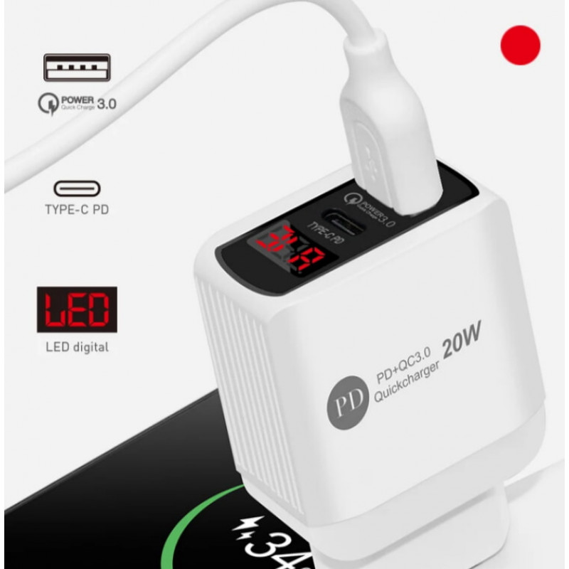 СЗУ Мережева зарядна пристрій PD PKG034, 2*USB, QC3.0, 25W, LED
