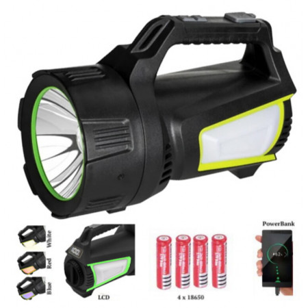 Ручной фонарь T100A-10W+2COB, Белый, Красный, Синий, power bank, 4x18650, ЗУ Type-C