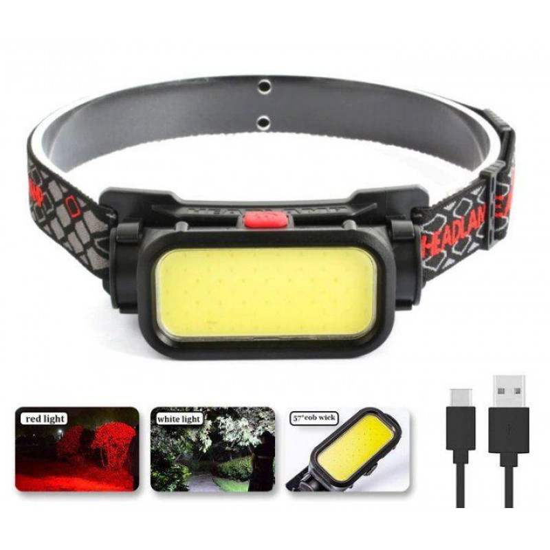 Налобный фонарь Bailong BL-008+COB, белый, красный, li-ion аккумулятор, micro USB, 8773
