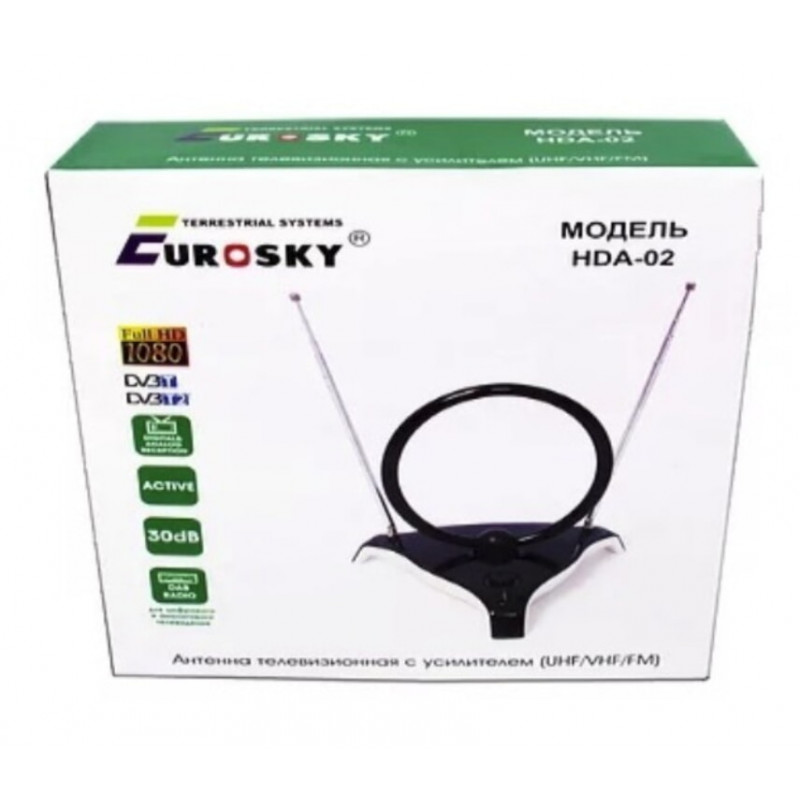 Антена Eurosky HDA-02 кімнатна з підсилювачем + підставка МВ+ДМВ
