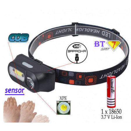Налобный фонарь Bailong BL-1804A, LED+COB, cенсор, аккумулятор 18650, micro USB