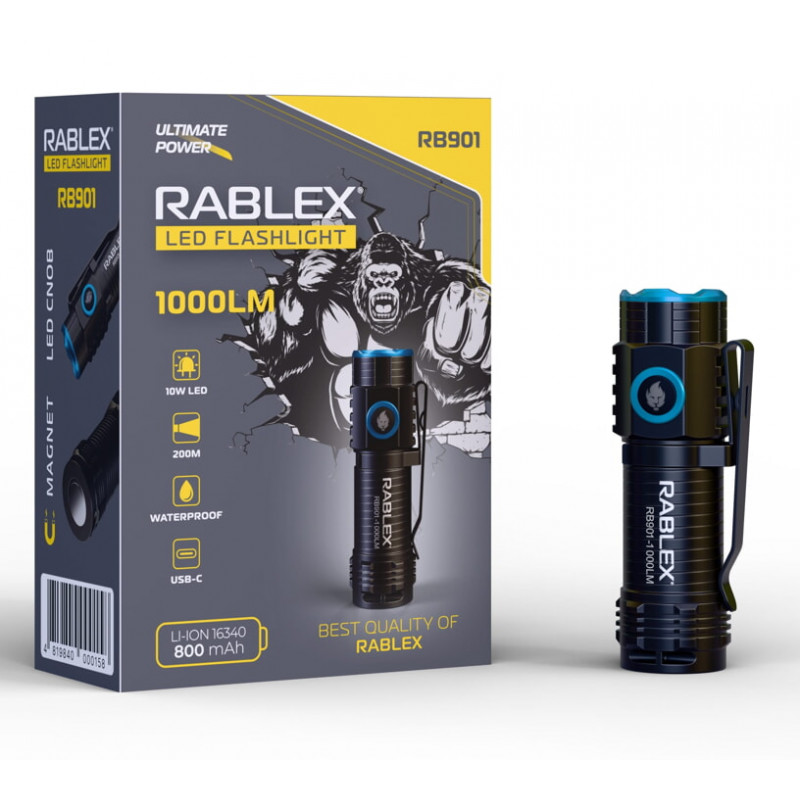 Ручной фонарь Rablex RB901, Li-ion 16340, Zoom, ЗУ Type-C,