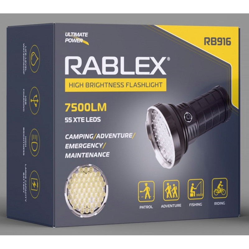 Ручной фонарь Rablex RB916, 55LED, 4х18650 аккум, Type-C, 7500LM