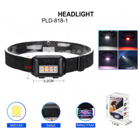 Налобный фонарь PLD-818-1-8SMD, Белый, Красный, 3xAAA