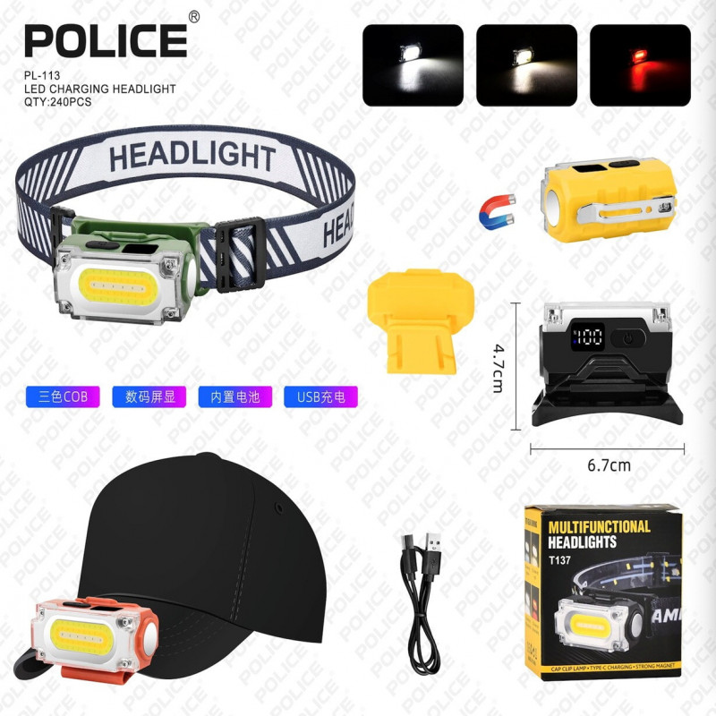 Налобный фонарь Police PL-113, белый+красный+жёлтый, магнит, аккум, Type-C