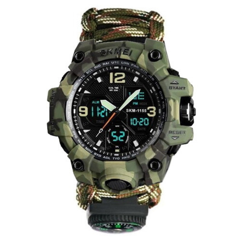 Годинники наручні SKMEI 1155BCMGN, PARACORD, ЗЕЛЕНИЙ КАМУФЛЯЖ, Компас, термометр, свисток, кресало, 10460