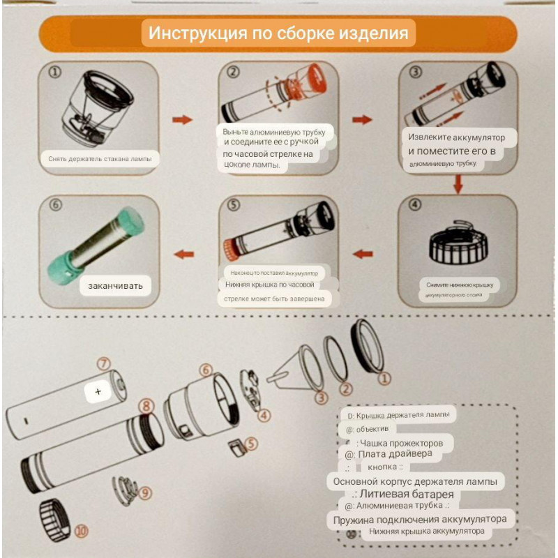 Ручной фонарь разборной RB293, Okgo fa-8911, 18650, microUSB