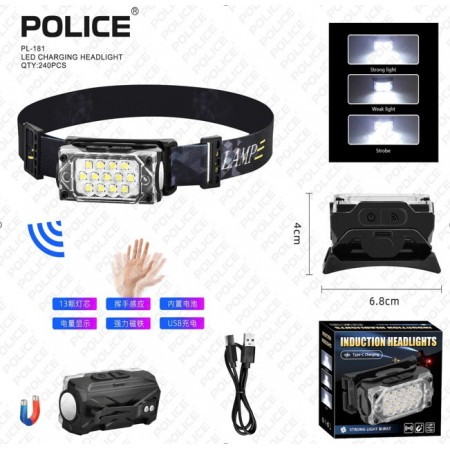 Налобный фонарь Police PL-181, аккум, магнит, сенсор, Type-C