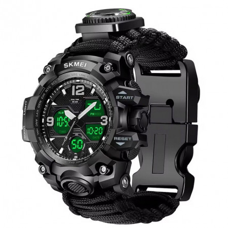 Часы наручные SKMEI 1155BKBK, PARACORD, Black, Compass, термометр, свисток, кресало, 10459