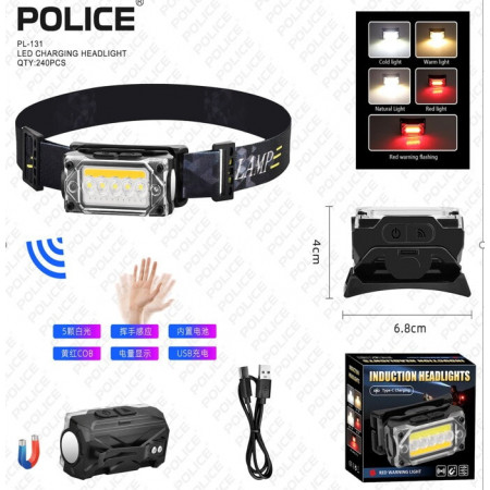 Налобный фонарь Police PL-131, белый+желтый+красный, сенсор, аккум, магнит, Type-C
