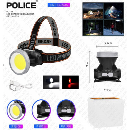 Налобный фонарь Police PL-111, белый+красный, аккум, Type-C