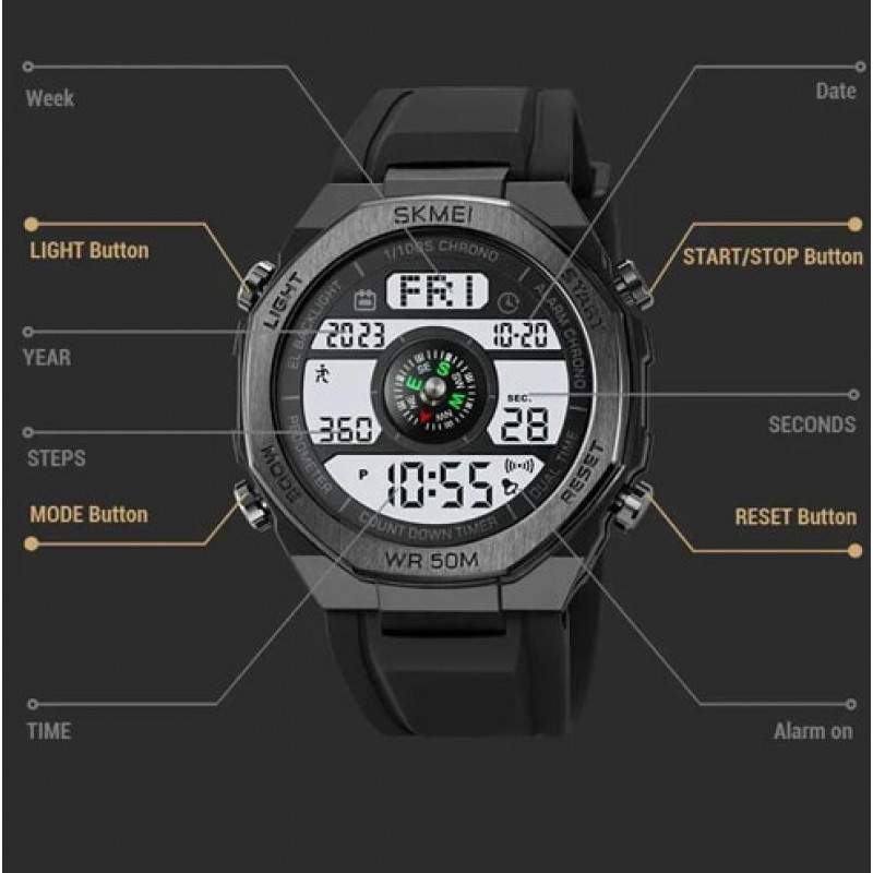 Часы наручные SKMEI 2209BKWT, BLACK-WHITE, Compass, Pedometer, 10350