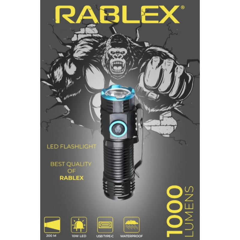 Ручной фонарь Rablex RB901, Li-ion 16340, Zoom, ЗУ Type-C,