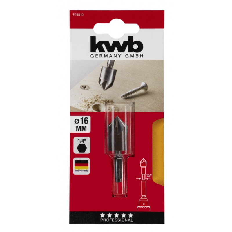 Зенкер WS 16 мм, 7 кромок, 6-гранный хвостовик, KWB (704810)