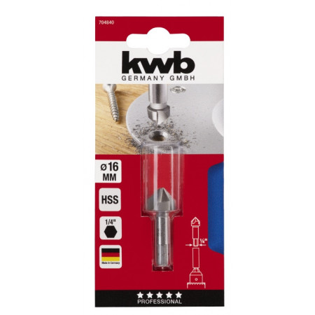 Зенкер HSS 16 мм, 3 кромки, 6-гранный хвостовик, KWB (704840)