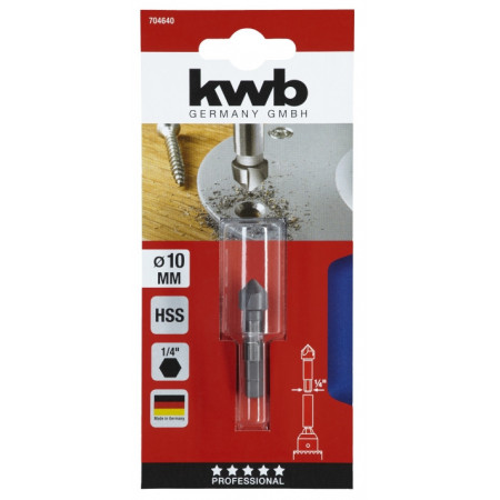 Зенкер HSS 10 мм, 3 кромки, 6-гранний хвостовик, KWB (704640)