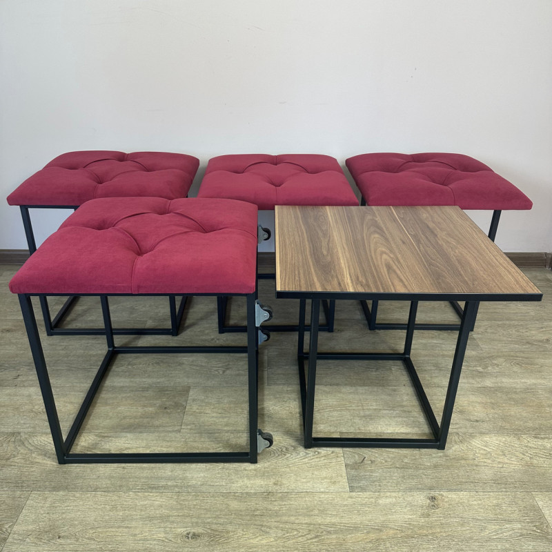 Пуф-трансформер 5в1 Mzavod Остин-1 со столиком велюр красный/орех калифорнийский 4-4-9005