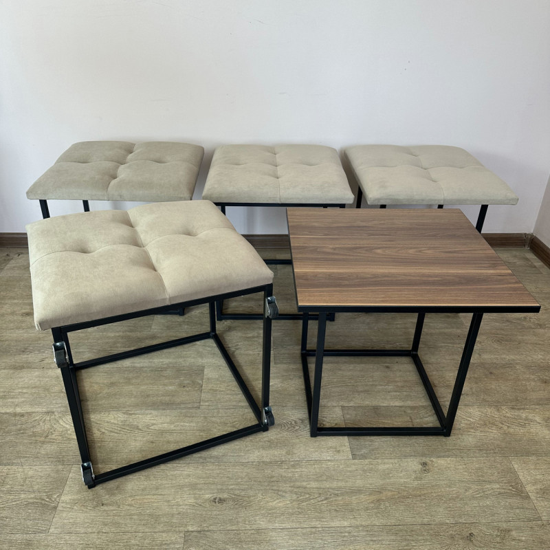 Пуф-трансформер 5в1 Mzavod Остин-4 со столиком велюр бежевый/орех калифорнийский 3-4-9005