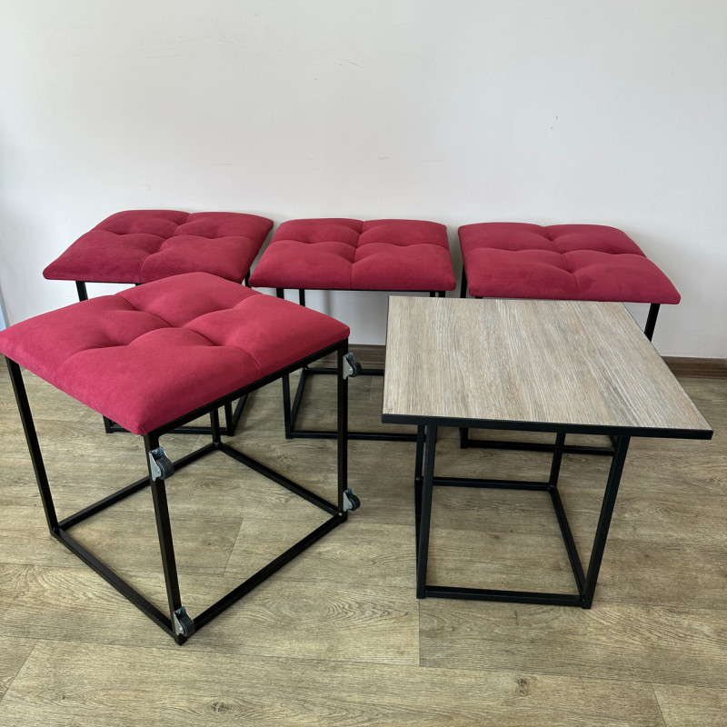 Пуф-трансформер 5в1 Mzavod Остин-4 со столиком велюр красный/дуб платиновый 4-2-9005