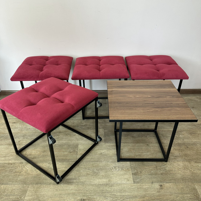 Пуф-трансформер 5в1 Остін-4 зі столиком велюр червоний/горіх каліфорнійський 4-4-9005