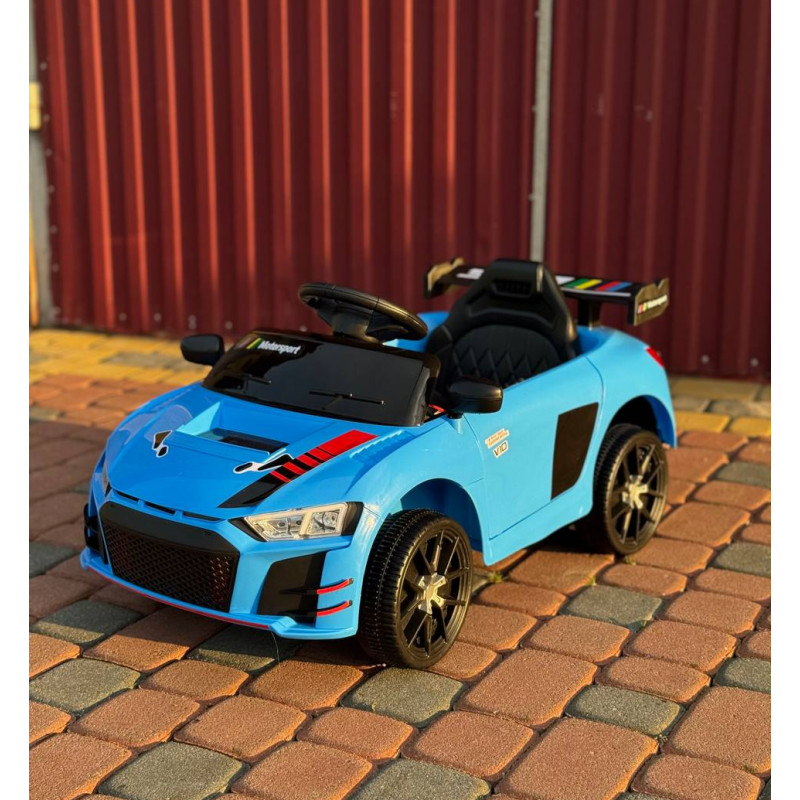 Детский электромобиль Cabrio 6V 5A (спойлер, пульт, LED-фары, звук, открывающиеся двери, педаль газа), Синий