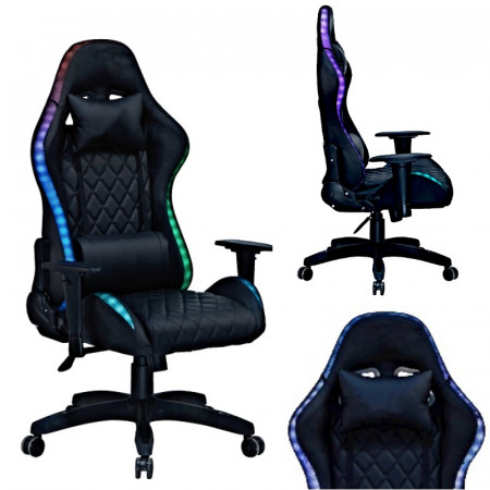 Геймерское компьютерное кресло с RGB-подсветкой, 2 подушками и регулировкой угла наклона спинки, Черный (G400)