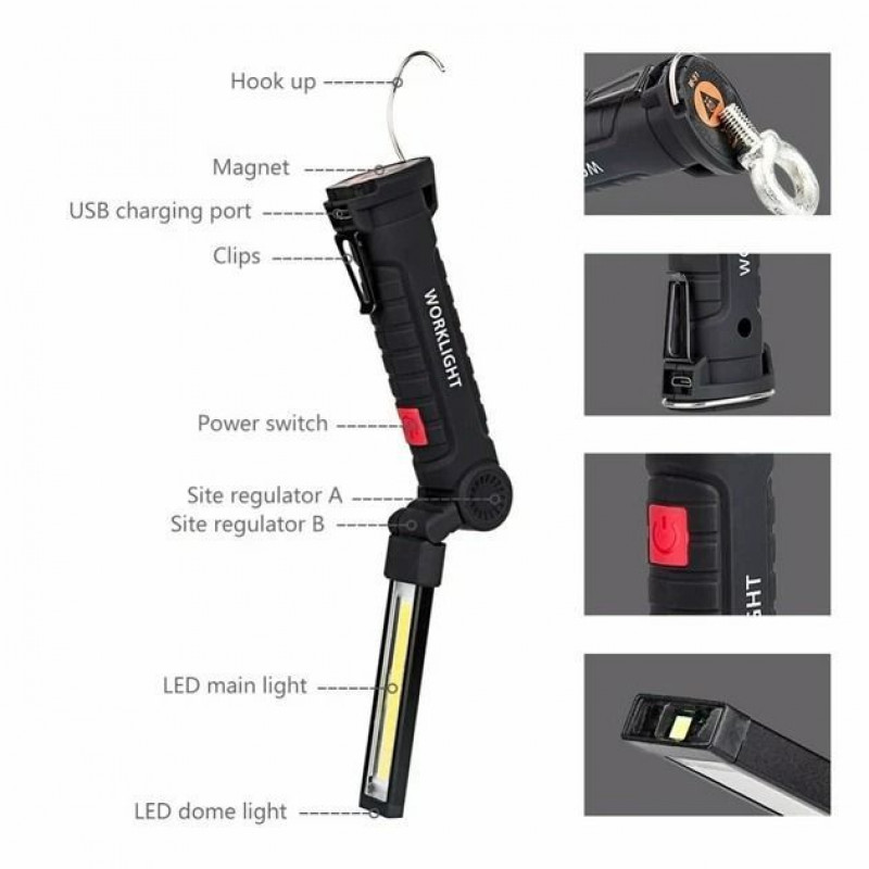 Фонарь аккумуляторный складной для кемпинга W-51-SMD+COB с магнитом и крюком для подвешивания micro USB Черный