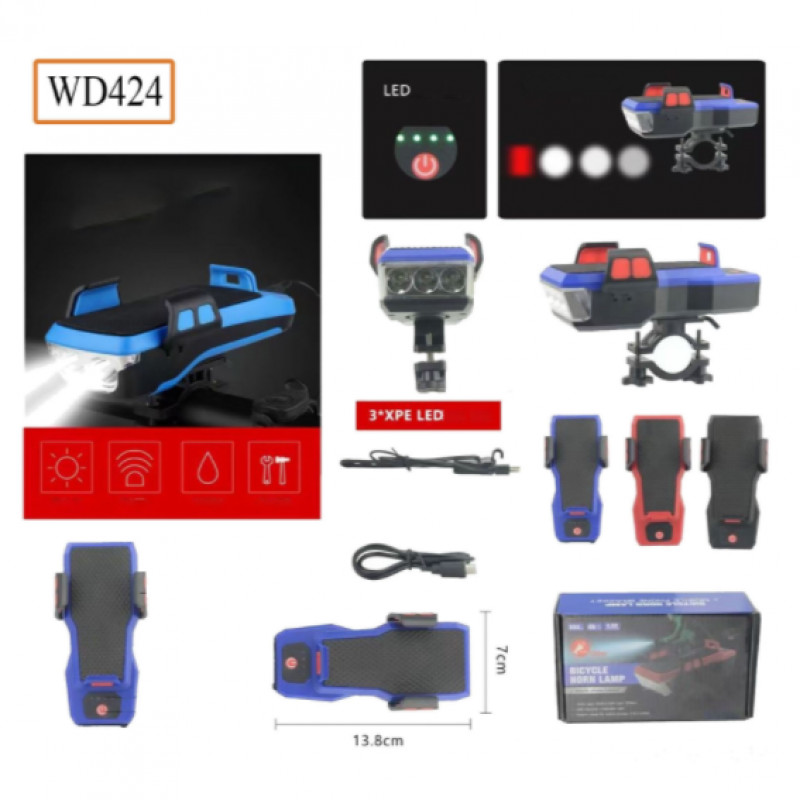 Велосипедна фара з тримачем для телефону та звуковим сигналом, /MicroUSB / WD424