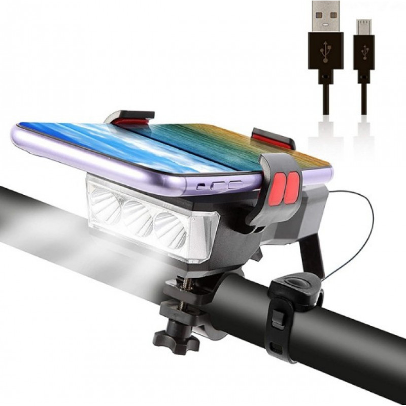 Велосипедна фара з тримачем для телефону та звуковим сигналом, /MicroUSB / WD424
