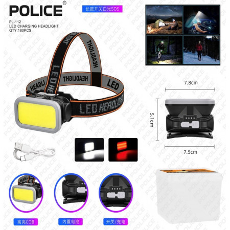 Налобный фонарь Police PL-112, белый+красный, акум, Type-C