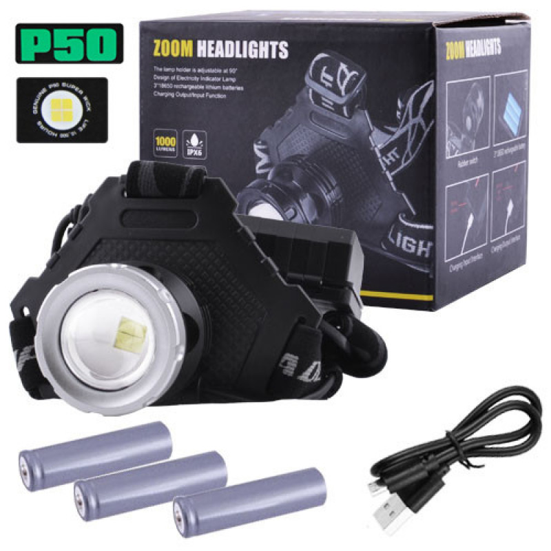 Налобный фонарь T50Pro, HP50, 3х18650, ЗУ MicroUSB, P50 LED, Zoom