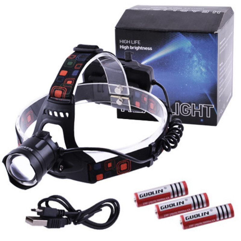 Налобный фонарь XQ-218-HP50, 3х18650, ЗУ MicroUSB, P50 LED, Zoom