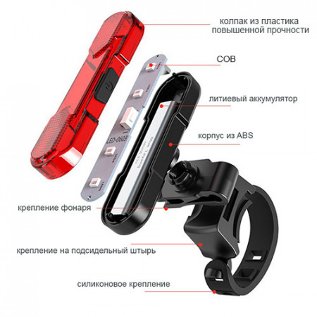 Велосипедний задній ліхтарик мигалка акумуляторний 8821-5COB, акум., ЗУ micro USB