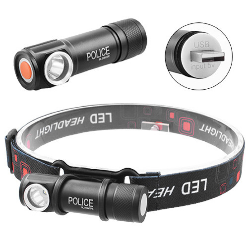 Налобный фонарь Police 2155-XPE, Li-Ion акум., магнит, ЗУ USB