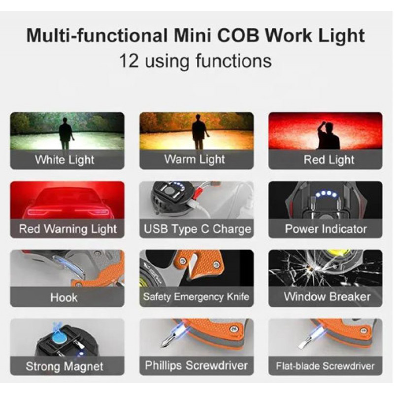 Фонарь для кемпинга W5143-COB, Белый, Жёлтый, Красный, multitool, Li-Ion, магнит, карабин