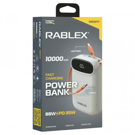 Повербанк Rablex RB10FP, 10000 mAh, Lightning, Type-C, Швидке заряджання, 88W, PD35W
