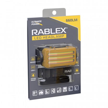 Налобний ліхтар Rablex RB978, жовтий + білий + червоний, 3хT6+4хCOB, Sensor, акум, Type-C
