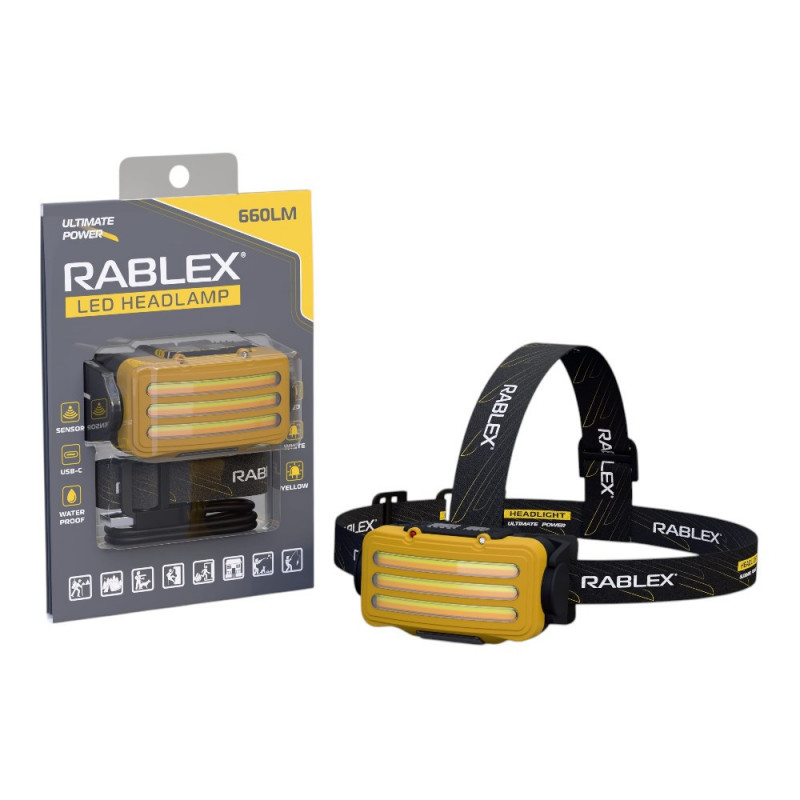 Налобний ліхтар Rablex RB978, жовтий + білий + червоний, 3хT6+4хCOB, Sensor, акум, Type-C