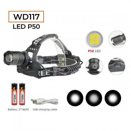 Налобный фонарь RB117, 2х18650 Акк., P50 LED, Zoom